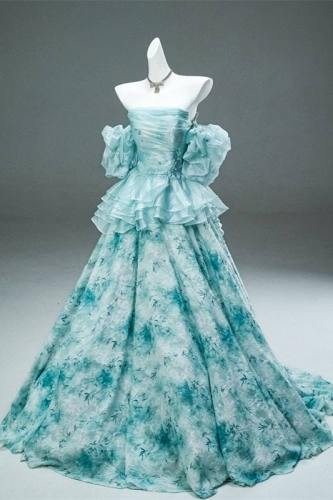 Hand Crafted Sky Blue Printed Tiered Princess Prom Dress