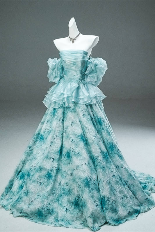 Hand Crafted Sky Blue Printed Tiered Princess Prom Dress