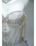 Hand Crafted Blue Beaded Velvet Fluffy Princess Prom Dress