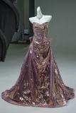 Hand Crafted Champagne Purple Beaded Tailing Princess Prom Dress