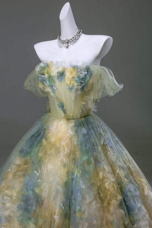 Hand Crafted Yellow Green Mixed Flowers Fluffy Princess Formal Dress