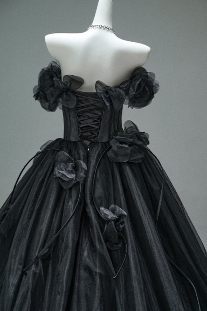 Hand Crafted Black Night Flowers Fluffy Princess Formal Dress