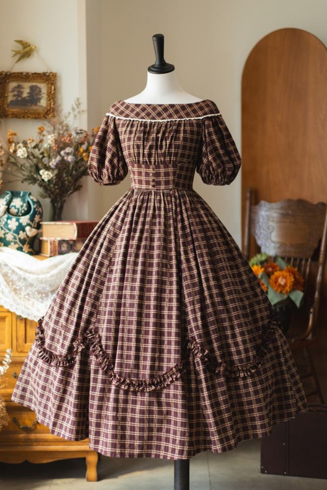 Forest Wardrobe Boat Neck Retro Plaid Dress and Underskirt
