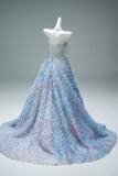 Hand Crafted Blue Beaded Velvet Fluffy Princess Prom Dress