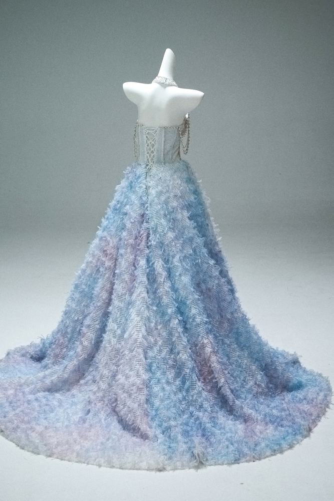 Hand Crafted Blue Beaded Velvet Fluffy Princess Prom Dress