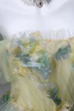 Hand Crafted Yellow Green Mixed Flowers Fluffy Princess Formal Dress