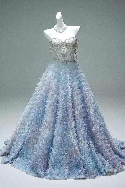 Hand Crafted Blue Beaded Velvet Fluffy Princess Prom Dress
