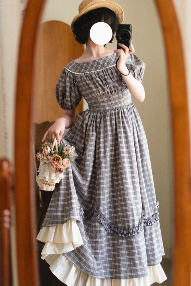 Forest Wardrobe Boat Neck Retro Plaid Dress and Underskirt