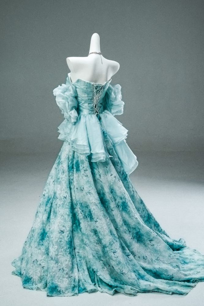 Hand Crafted Sky Blue Printed Tiered Princess Prom Dress