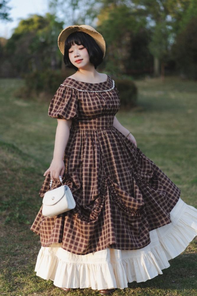 Forest Wardrobe Boat Neck Retro Plaid Dress and Underskirt