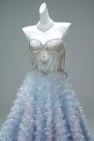 Hand Crafted Blue Beaded Velvet Fluffy Princess Prom Dress