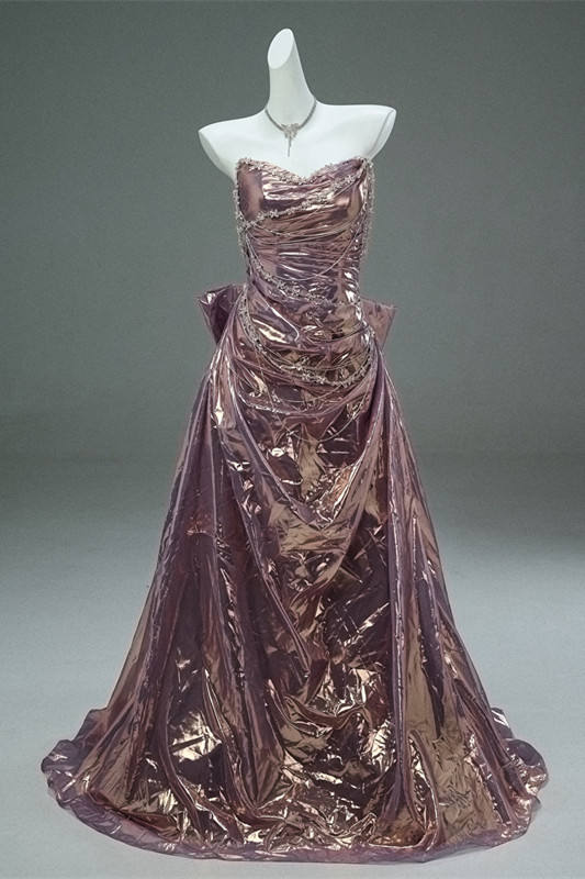 Hand Crafted Champagne Purple Beaded Tailing Princess Prom Dress