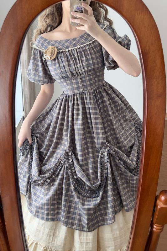 Forest Wardrobe Boat Neck Retro Plaid Dress and Underskirt