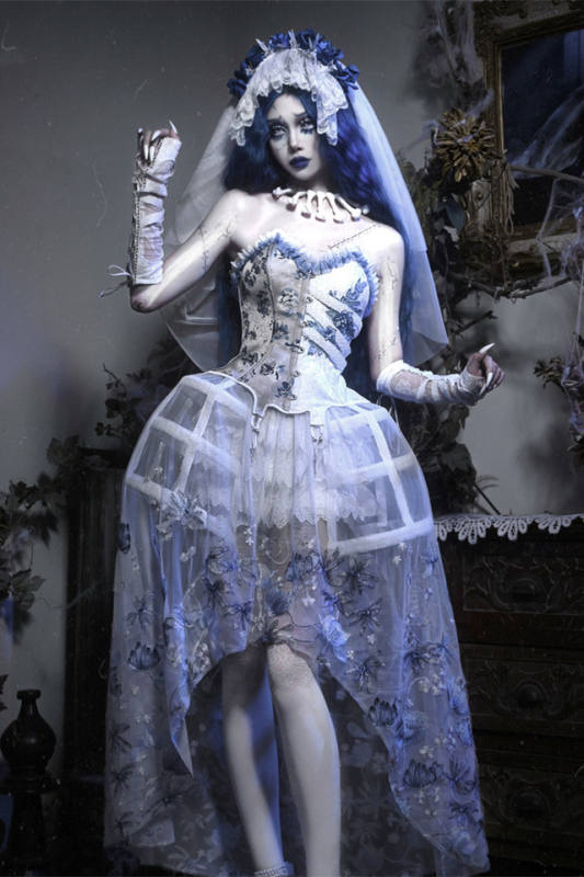 Blood Supply Corpse Bride Gothic Corset, Petticoat, Bloomer with Birdcage and Overdress