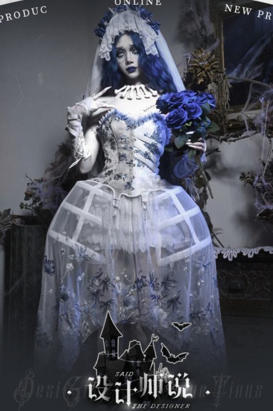 Blood Supply Corpse Bride Gothic Corset, Petticoat, Bloomer with Birdcage and Overdress