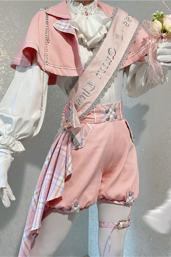 Queen's Game Ouji Lolita Blouse, Cape, Short Pants Pink Yellow Blue