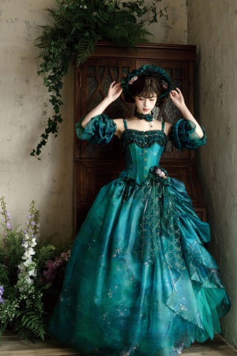 Silvia Oil Painting Lolita Skirt, Corset Top, Hat and Arm Cuffs