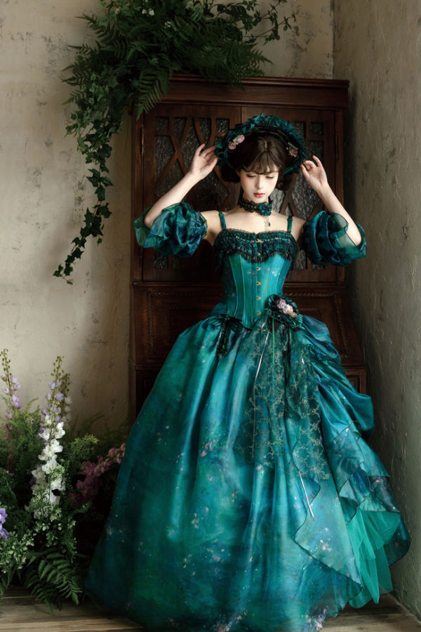 Silvia Oil Painting Lolita Skirt, Corset Top, Hat and Arm Cuffs