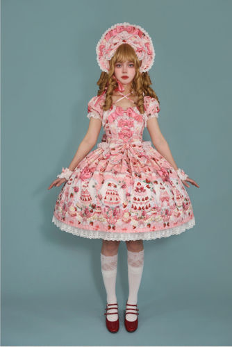 Antique Doll Strawberry Cake Sweet Lolita Dress, Blouse and Accessories