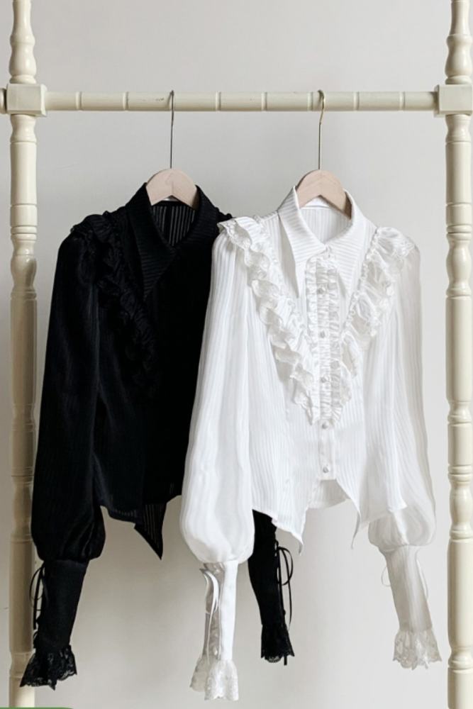 Withpuji Summer Black and White Bloomer Sleeves Shirt