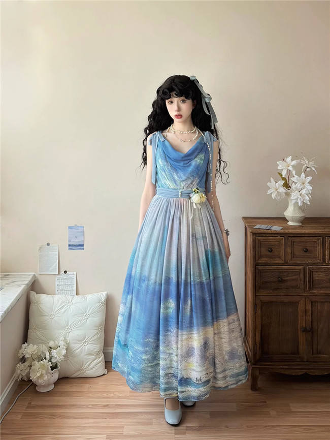 Miss Point Greek Inspired Heap Collar Print Dress