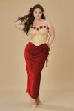 French Retro Plus Size Red Roses Off Shoulder Dress Plus Size Dresses for Women