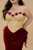 French Retro Plus Size Red Roses Off Shoulder Dress Plus Size Dresses for Women