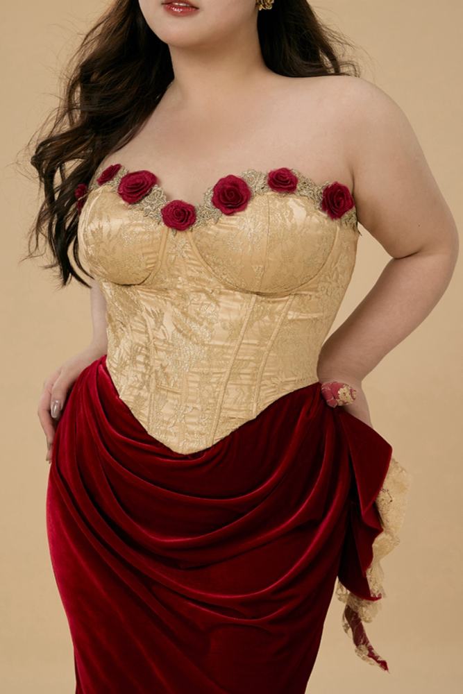 French Retro Plus Size Red Roses Off Shoulder Dress Plus Size Dresses for Women