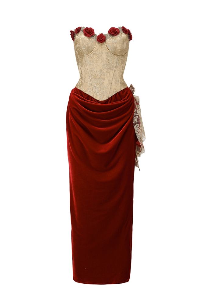 French Retro Plus Size Red Roses Off Shoulder Dress Plus Size Dresses for Women