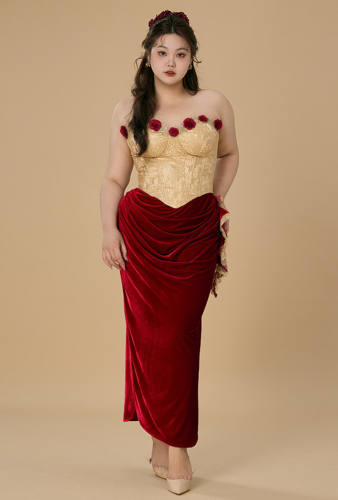 French Retro Plus Size Red Roses Off Shoulder Dress Plus Size Dresses for Women