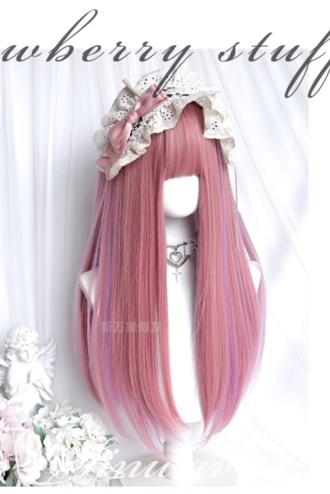 Sweet Pink Highlighted Purple Long Straight Hair Lolita Wig