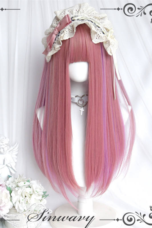 Sweet Pink Highlighted Purple Long Straight Hair Lolita Wig