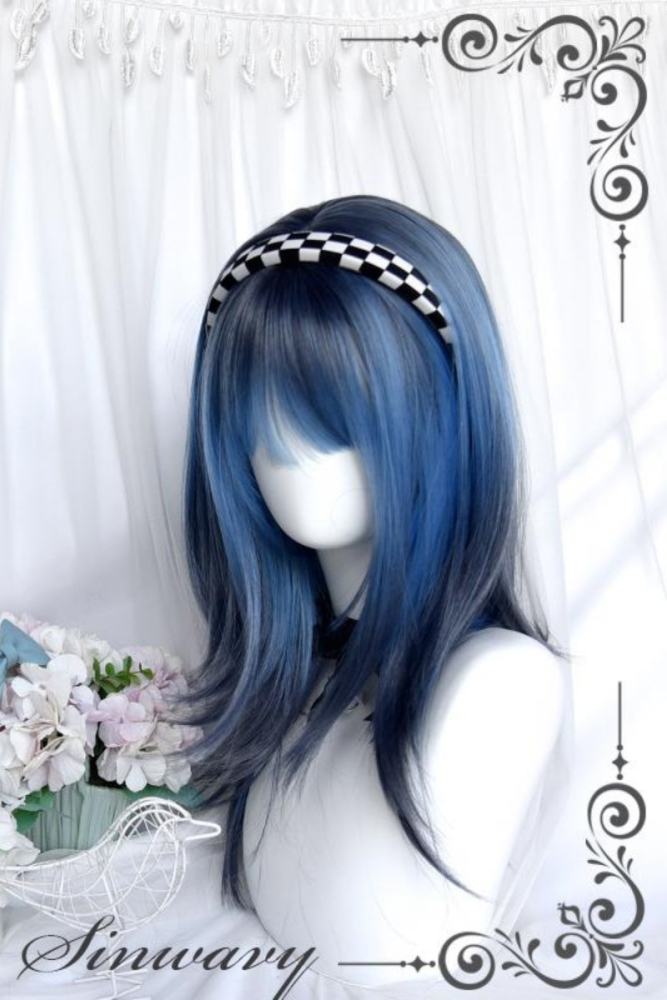 Gothic Black Highlighted Blue Tiered Long Straight Wig