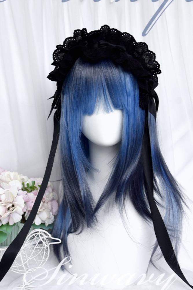 Gothic Black Highlighted Blue Tiered Long Straight Wig