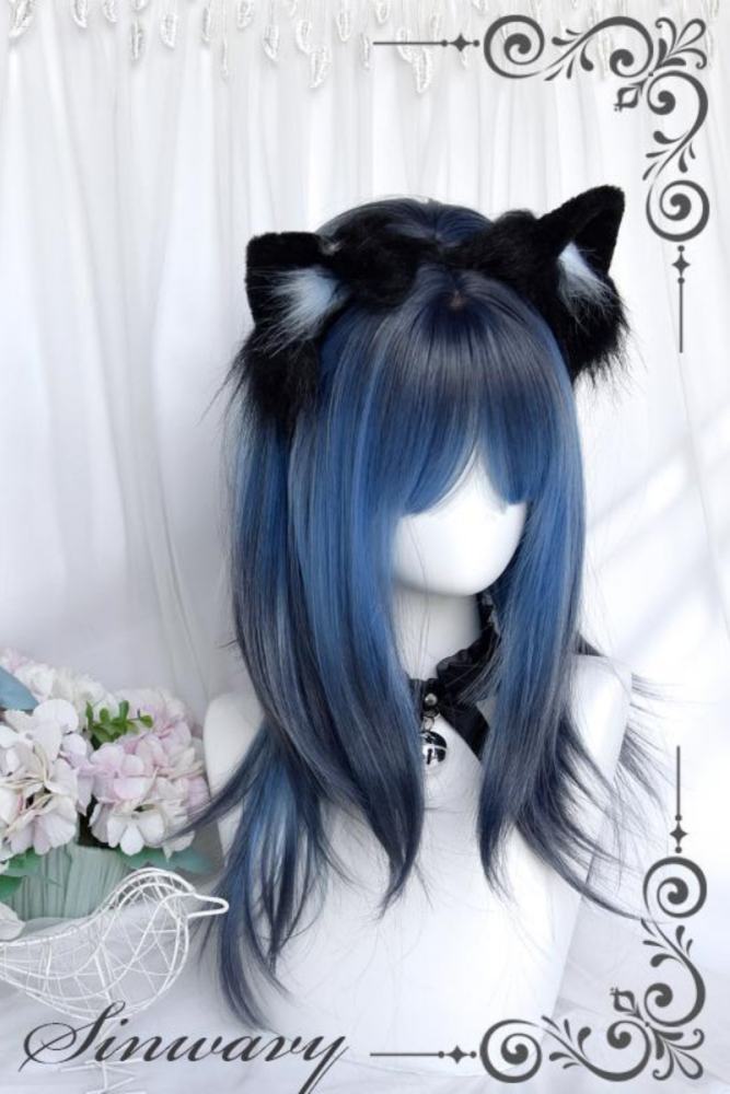Gothic Black Highlighted Blue Tiered Long Straight Wig