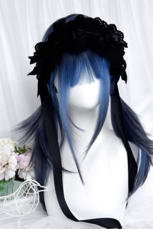 Gothic Black Highlighted Blue Tiered Long Straight Wig