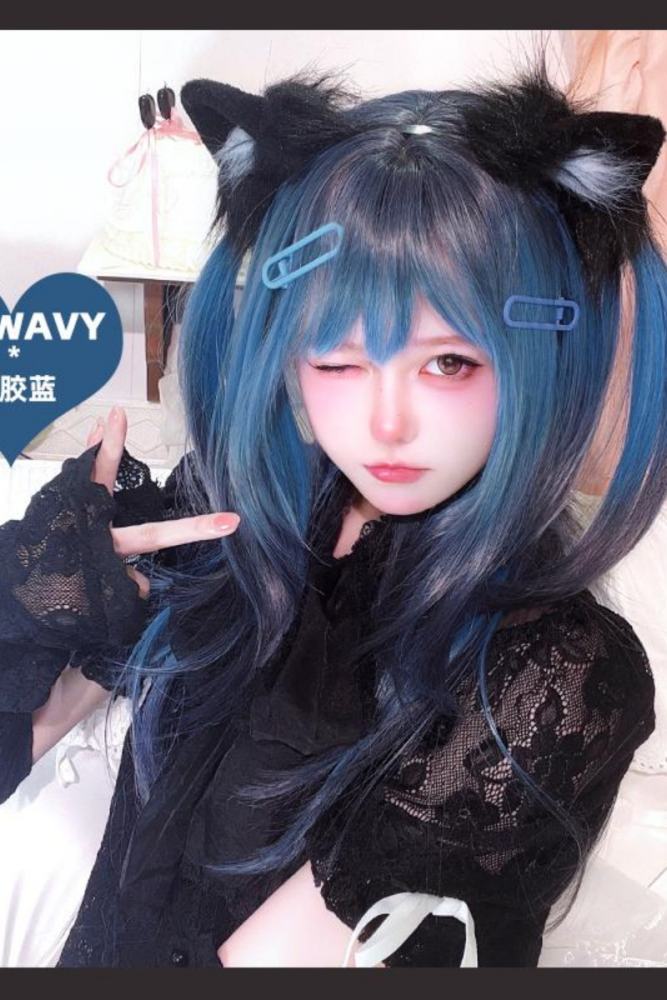 Gothic Black Highlighted Blue Tiered Long Straight Wig