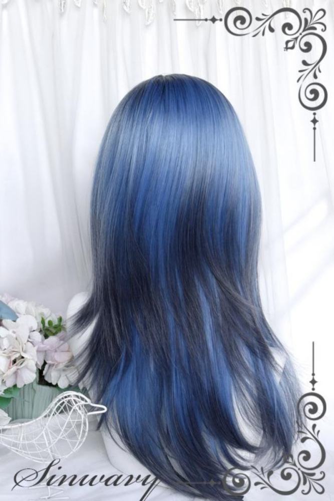 Gothic Black Highlighted Blue Tiered Long Straight Wig