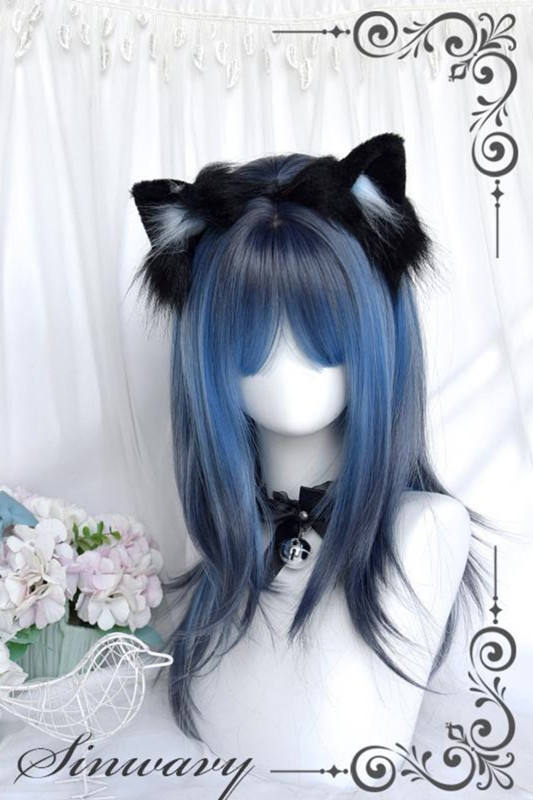 Gothic Black Highlighted Blue Tiered Long Straight Wig