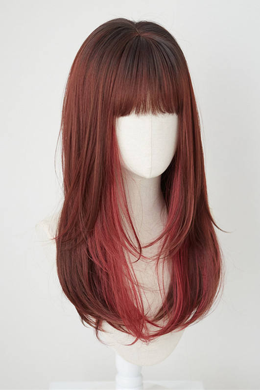 Brightlele Daily Tiered Red and Brown Long Straight Lolita Wig