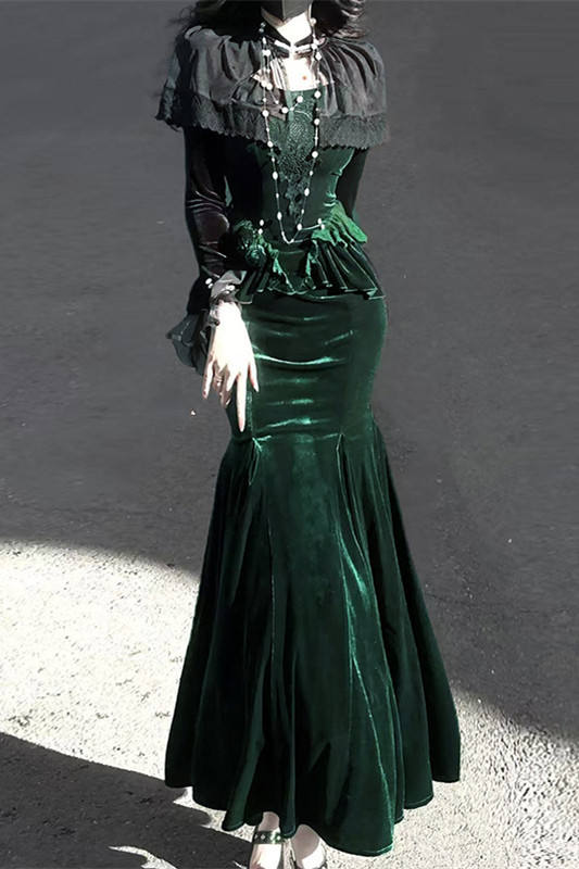 Dark Forest Black Green Gothic Lolita Top Fishtail Skirt