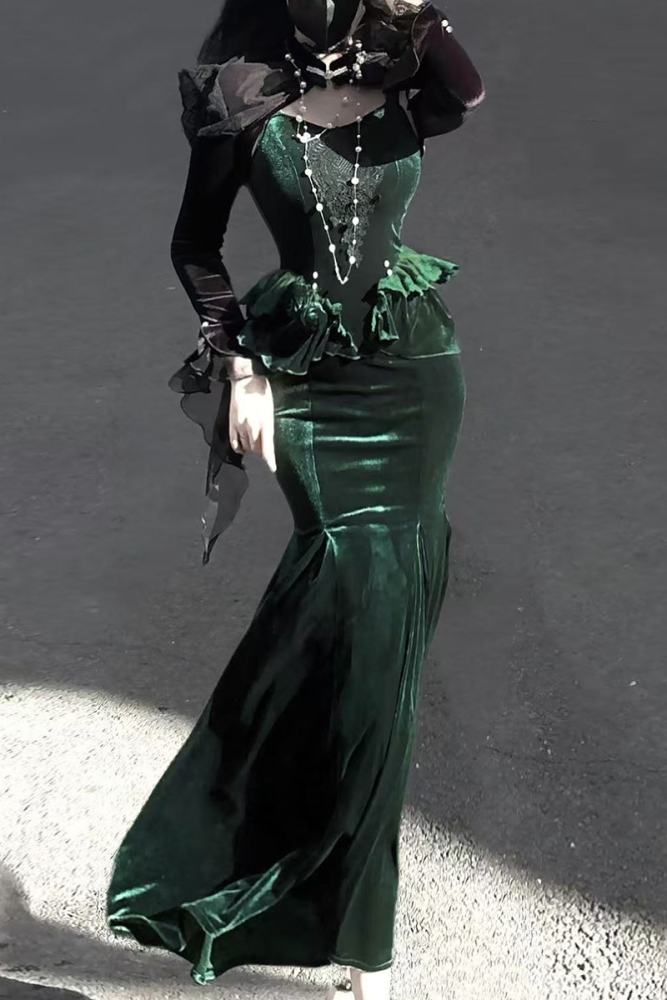 Dark Forest Black Green Gothic Lolita Top Fishtail Skirt