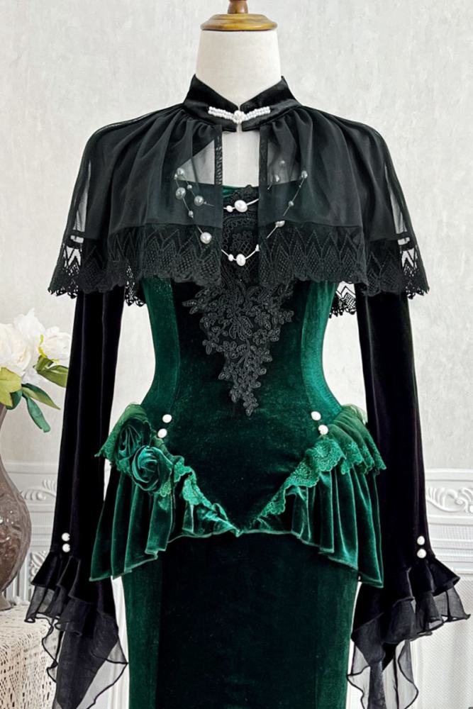 Dark Forest Black Green Gothic Lolita Top Fishtail Skirt