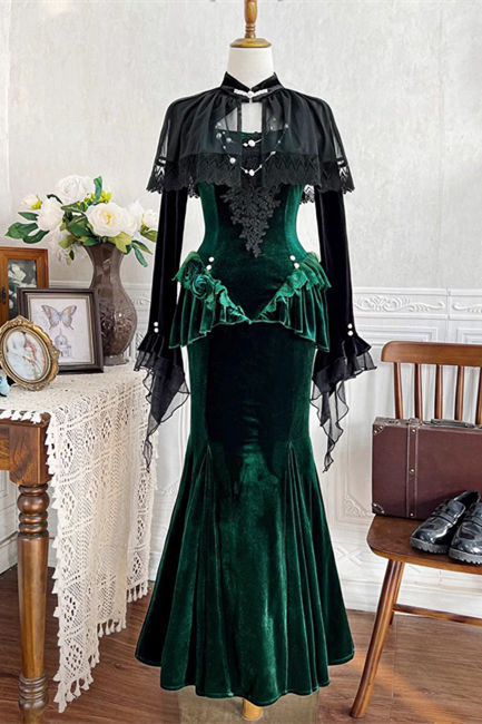 Dark Forest Black Green Gothic Lolita Top Fishtail Skirt