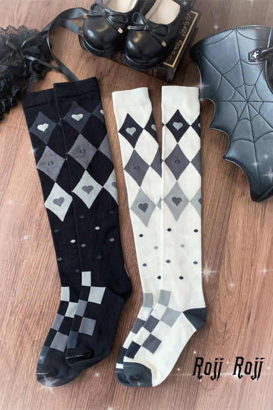 Roji Rhombus Above Knees White Lolita Socks