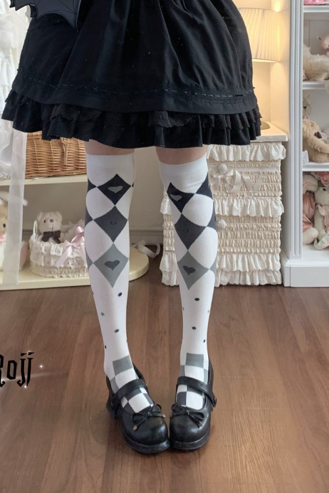 Roji Rhombus Above Knees White Lolita Socks