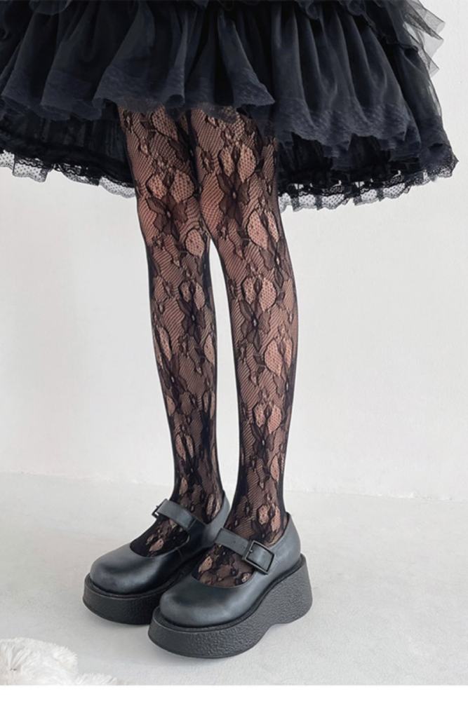 French Flowers Thin Black White Lolita Tights
