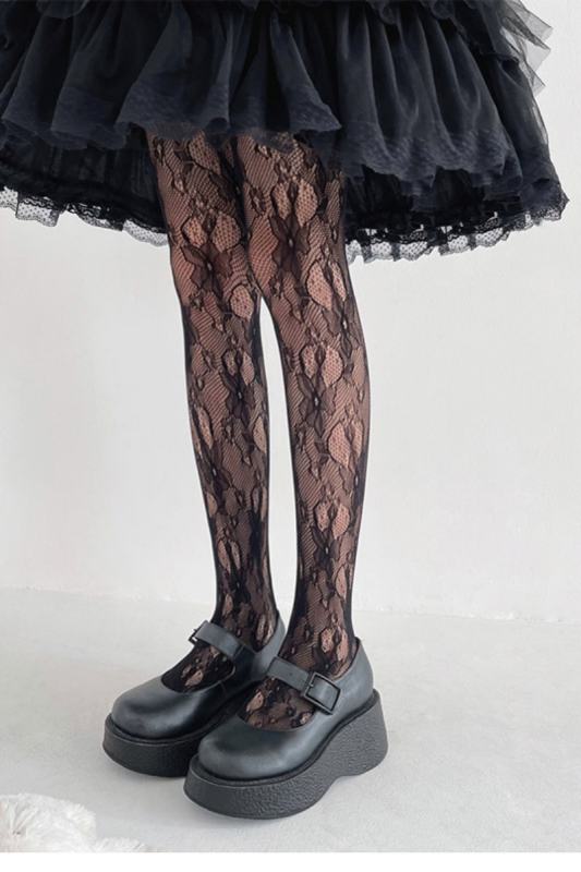 French Flowers Thin Black White Lolita Tights