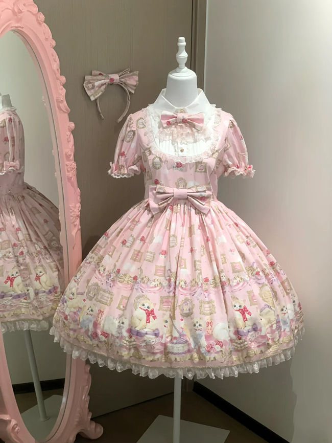 Discovering Treasure Picture Frame Cat Printed Lolita Dress