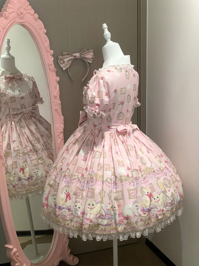 Discovering Treasure Picture Frame Cat Printed Lolita Dress